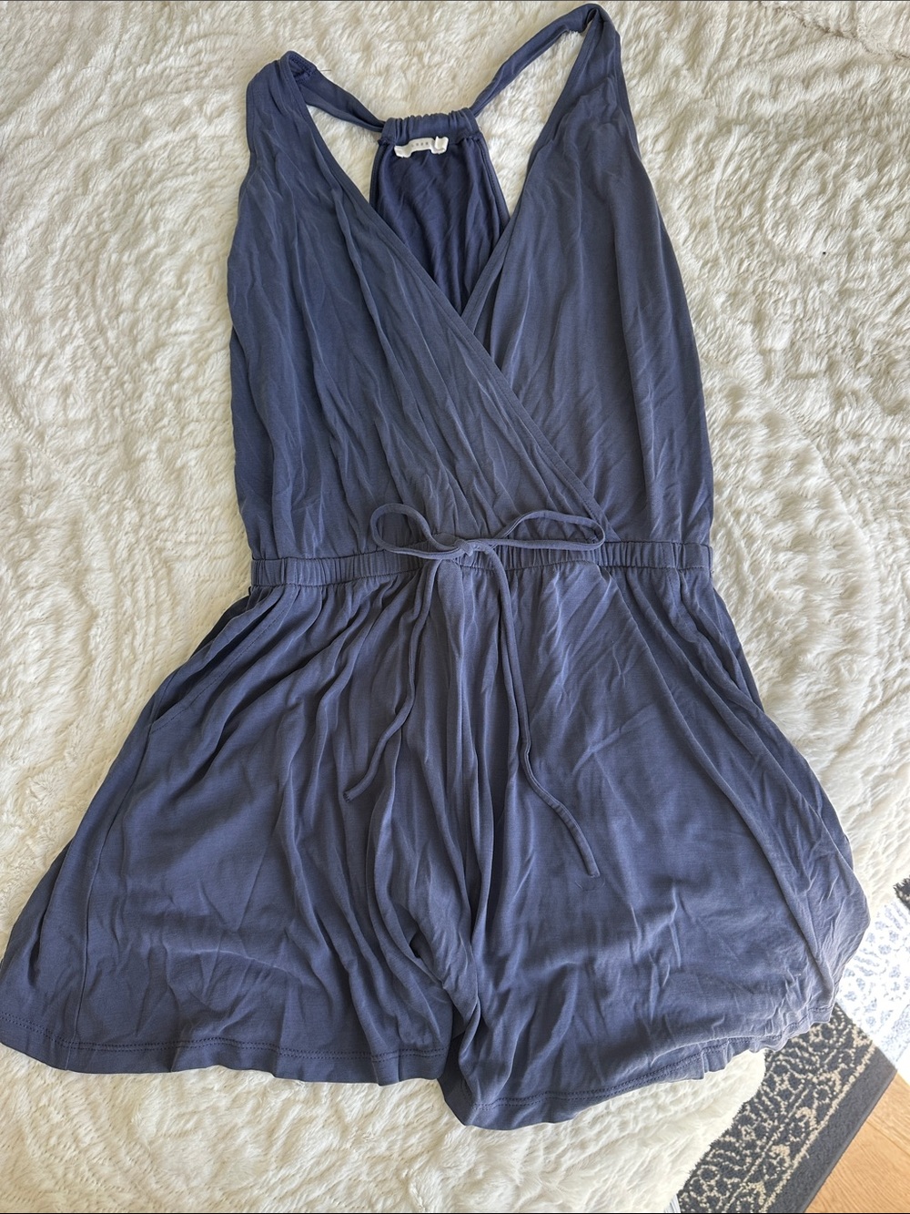Lush Sleeveless Wrap Romper in Slate Blue